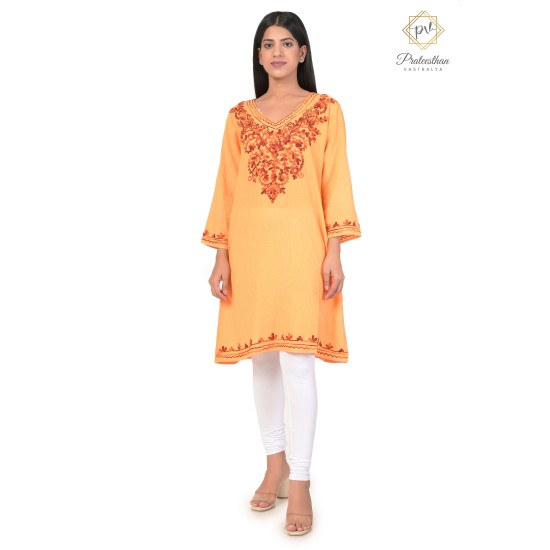 Comfy Embroidery Neck Cotton Yellow Kurti For Women's