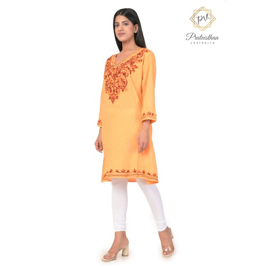 Comfy Embroidery Neck Cotton Yellow Kurti For Women's