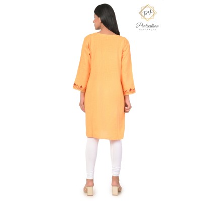 Comfy Embroidery Neck Cotton Yellow Kurti For Women's