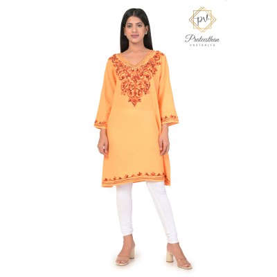 Comfy Embroidery Neck Cotton Yellow Kurti For Women's