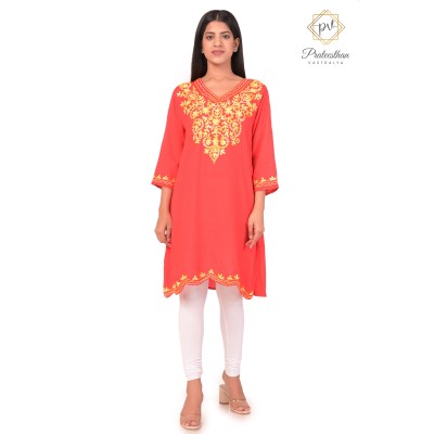 Simply Beautiful Neck Embroidery Cotton Red Kurti