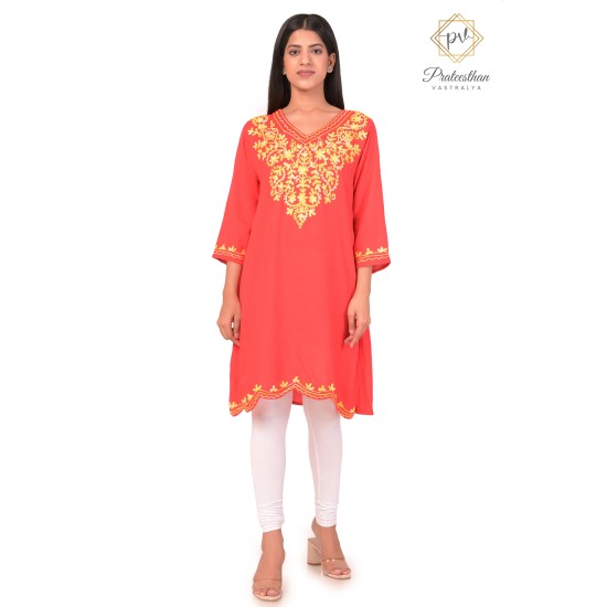 Simply Beautiful Neck Embroidery Cotton Red Kurti