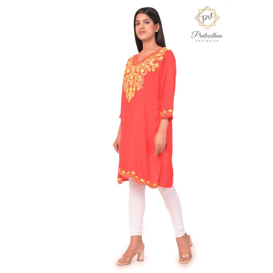 Simply Beautiful Neck Embroidery Cotton Red Kurti