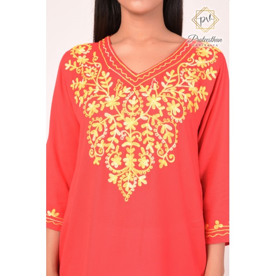 Simply Beautiful Neck Embroidery Cotton Red Kurti