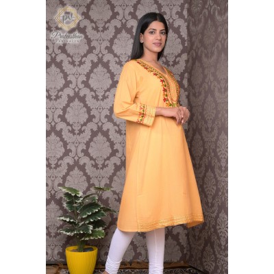 Golden Beautiful Neck Embroidered Pure Cotton Kurti For Women