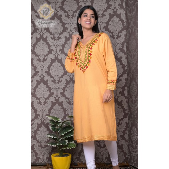 Golden Beautiful Neck Embroidered Pure Cotton Kurti For Women