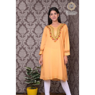 Golden Beautiful Neck Embroidered Pure Cotton Kurti For Women