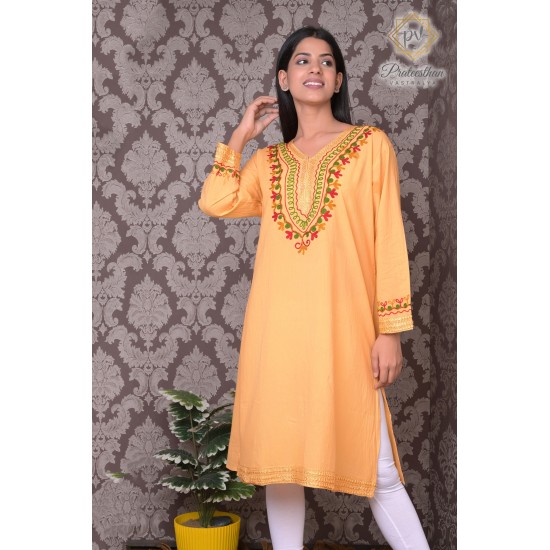 Golden Beautiful Neck Embroidered Pure Cotton Kurti For Women