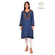 Floral Neck Embroidery Beautiful Casual Cotton Blue Women's Kurti