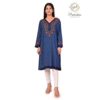 Floral Neck Embroidery Beautiful Casual Cotton Blue Women's Kurti