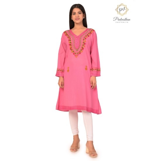 Pink Floral Neck Embroidery Beautiful Cotton Women's Kurti