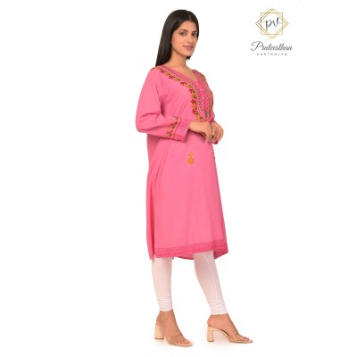 Pink Floral Neck Embroidery Beautiful Cotton Women's Kurti