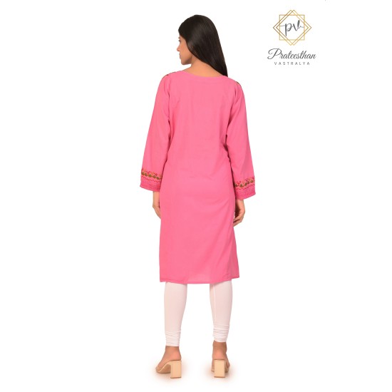 Pink Floral Neck Embroidery Beautiful Cotton Women's Kurti