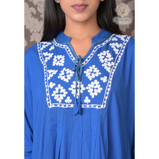 Stylish Neck Embroidery Beautiful Casual Cotton Blue Kurti