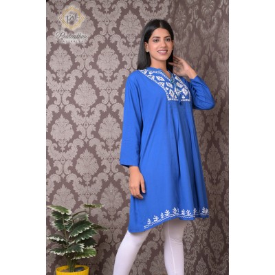 Stylish Neck Embroidery Beautiful Casual Cotton Blue Kurti