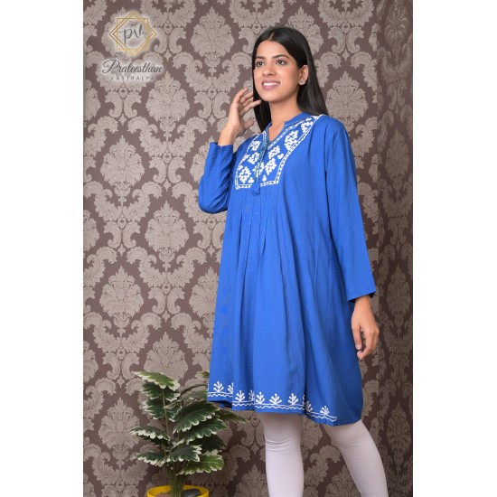 Stylish Neck Embroidery Beautiful Casual Cotton Blue Kurti