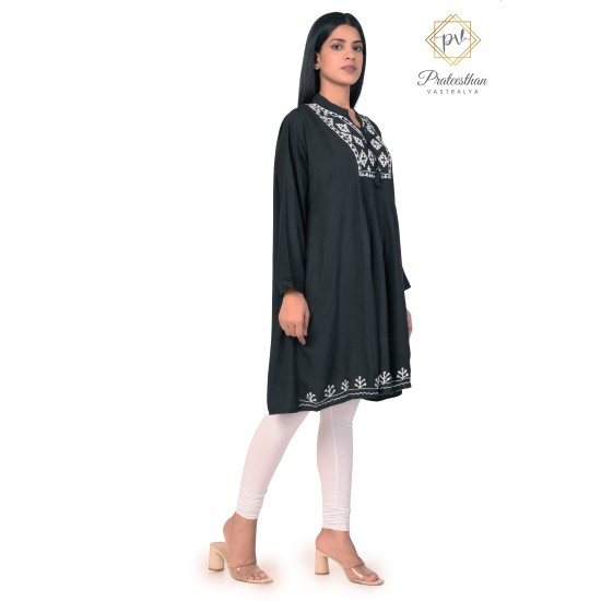 Fashionable Cotton Floral Embroidery Neck Black Kurti 