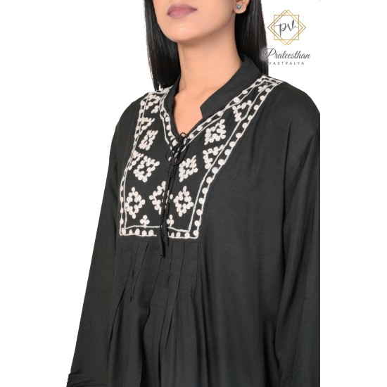 Fashionable Cotton Floral Embroidery Neck Black Kurti 