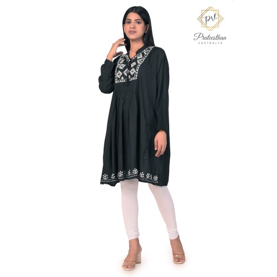 Fashionable Cotton Floral Embroidery Neck Black Kurti 