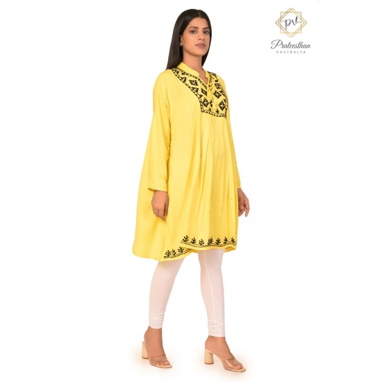 Beautiful Simply Neck Embroidery Yellow Cotton Women's Kurti