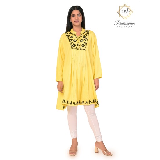 Beautiful Simply Neck Embroidery Yellow Cotton Women's Kurti