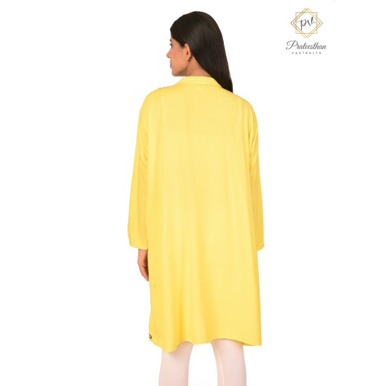 Beautiful Simply Neck Embroidery Yellow Cotton Women's Kurti