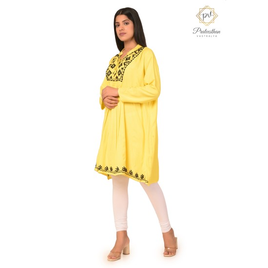 Beautiful Simply Neck Embroidery Yellow Cotton Women's Kurti