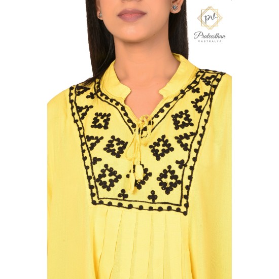 Beautiful Simply Neck Embroidery Yellow Cotton Women's Kurti