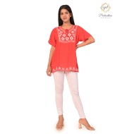 Floral Embroidery Neck Simply Beautiful Women's Red Short Kurti