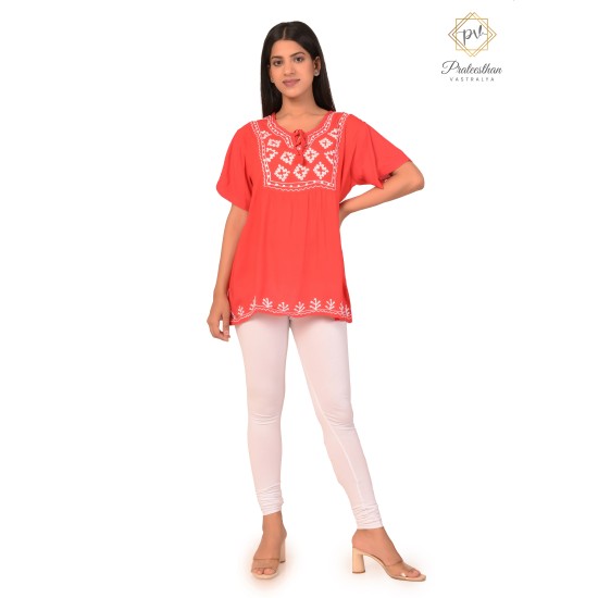 Floral Embroidery Neck Simply Beautiful Women's Red Short Kurti