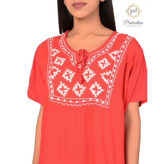 Floral Embroidery Neck Simply Beautiful Women's Red Short Kurti