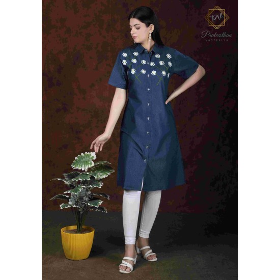 Denim Half Sleeve Floral Print Neck Blue Women's Kurti