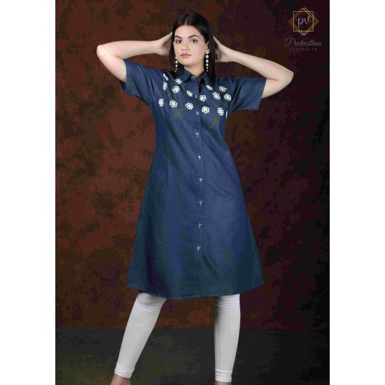 Denim Half Sleeve Floral Print Neck Blue Women's Kurti