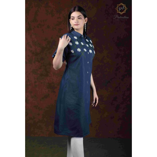 Denim Half Sleeve Floral Print Neck Blue Women's Kurti