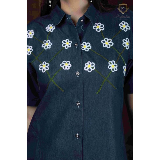 Denim Half Sleeve Floral Print Neck Blue Women's Kurti