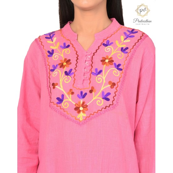 Floral Designer Neck Beautiful Casual Cotton Women's Pink Kurti