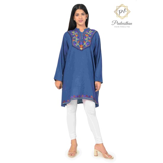 Floral Neck Embroidery Beautiful Casual Cotton Blue Short Kurti