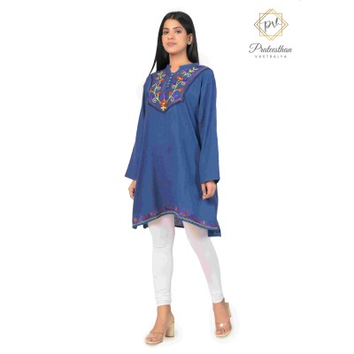 Floral Neck Embroidery Beautiful Casual Cotton Blue Short Kurti