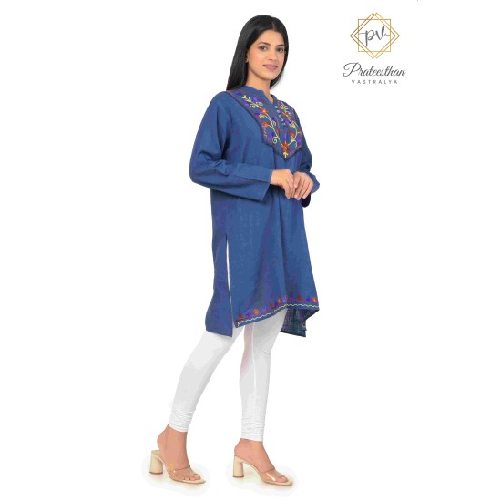 Floral Neck Embroidery Beautiful Casual Cotton Blue Short Kurti