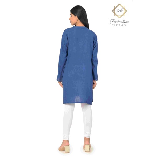 Floral Neck Embroidery Beautiful Casual Cotton Blue Short Kurti