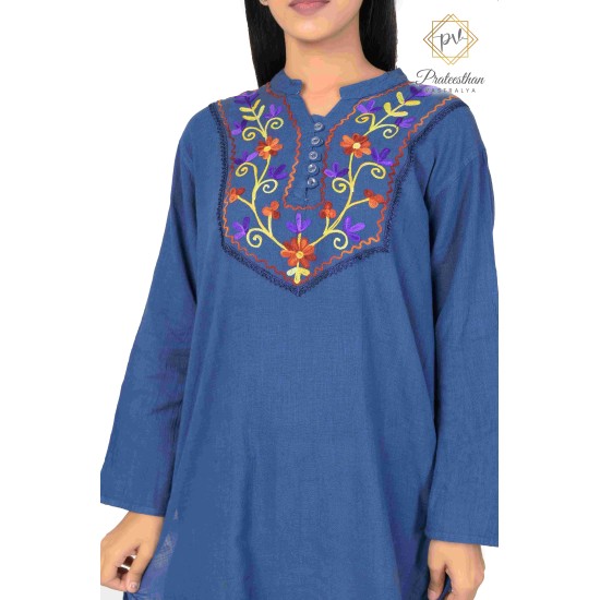 Floral Neck Embroidery Beautiful Casual Cotton Blue Short Kurti