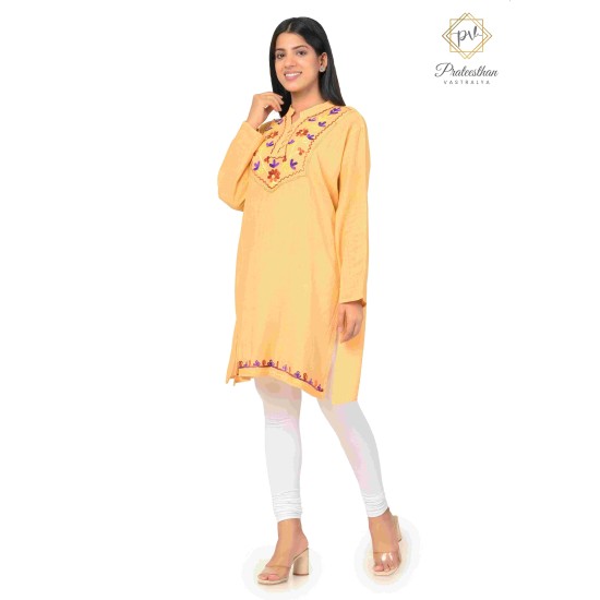 Amazing Floral Designer Neck Beautiful Casual Cotton Women's Yellow Kurti