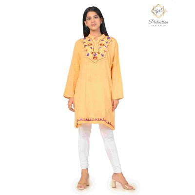 Amazing Floral Designer Neck Beautiful Casual Cotton Women's Yellow Kurti