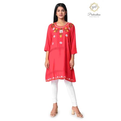 Pretty Red Floral Designer Neck Beautiful Cotton Women's Kurti