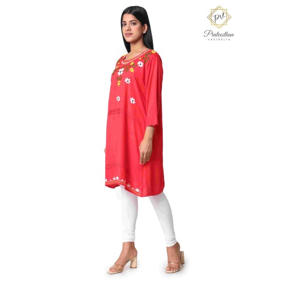 Pretty Red Floral Designer Neck Beautiful Cotton Women's Kurti