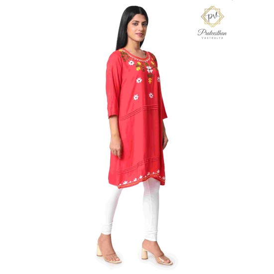 Pretty Red Floral Designer Neck Beautiful Cotton Women's Kurti