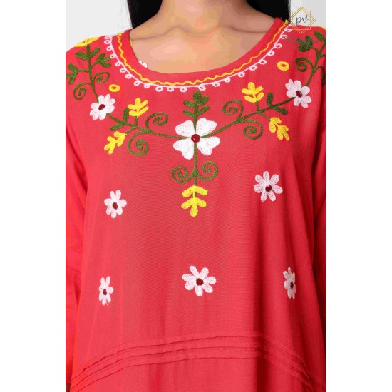 Pretty Red Floral Designer Neck Beautiful Cotton Women's Kurti