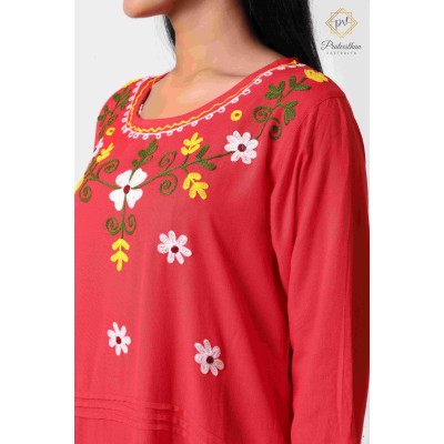 Pretty Red Floral Designer Neck Beautiful Cotton Women's Kurti