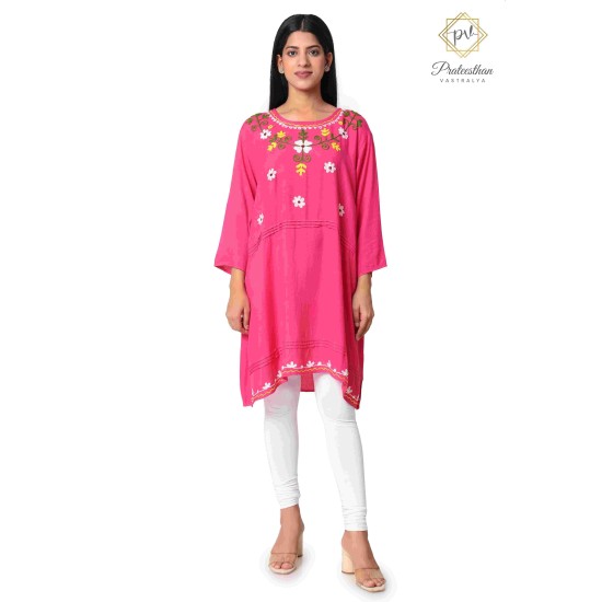 Pretty Pink Floral Neck Embroidery Beautiful Cotton Women's Kurti