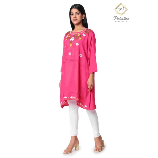 Pretty Pink Floral Neck Embroidery Beautiful Cotton Women's Kurti